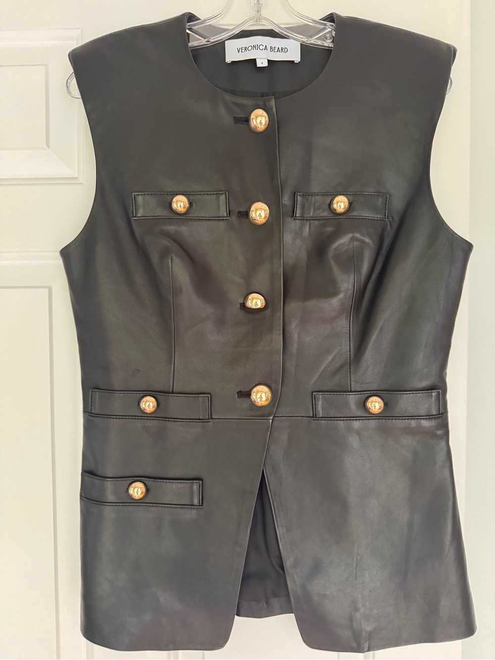 Veronica Beard Black Leather Sleeveless Vest with Gold Buttons